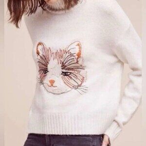 Anthropologie Moth Embroidered Cat Sweater Long Sleeve Wool Blend Cream Size SP